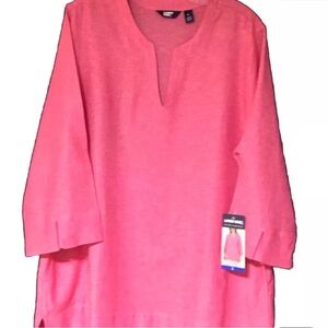 Land’s End Women’s Coral Pink 3/4 Sleeve Size XXL Linen Tunic V-Neck With Pocket
